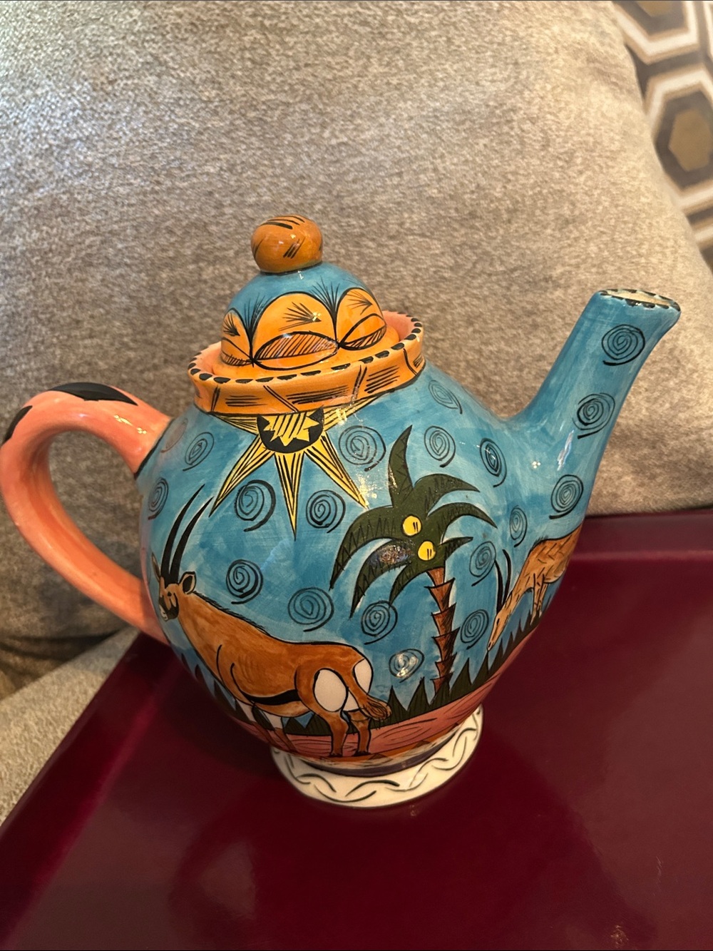 Hand-Painted Blue and Coral Safari Teapot - Brand Signed Penzao 1990